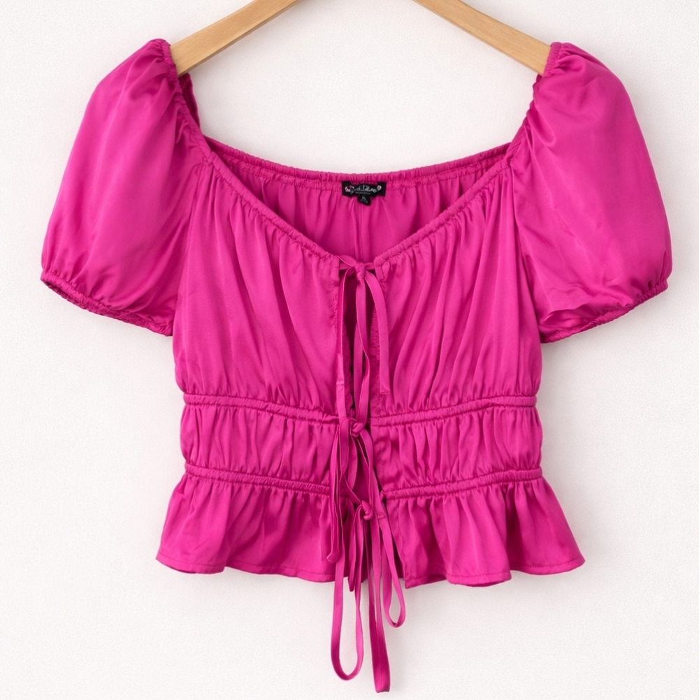 Hot Pink Women's Crop Top Blouse With Puff Sleeves